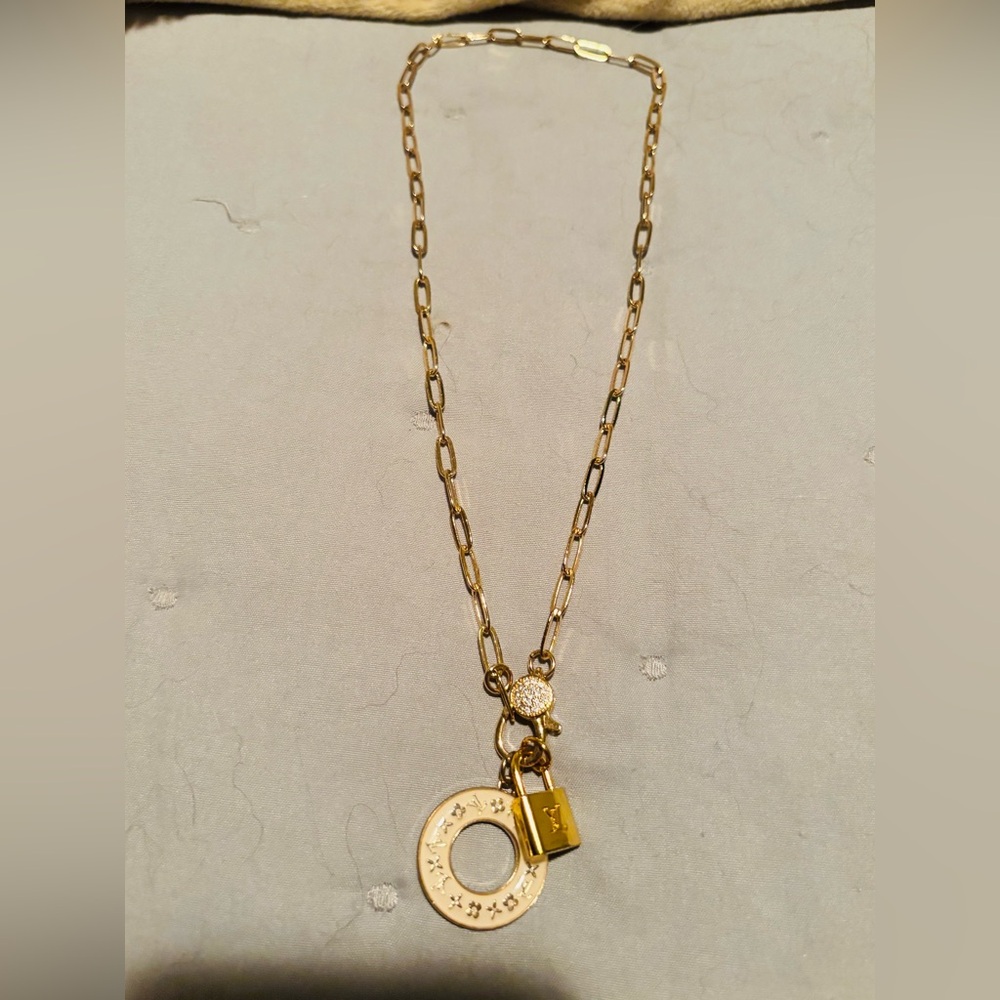 Louis Vuitton Gold Necklace with Lock and Circular Charm